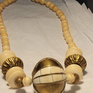Rare Find Ethnic Vintage Cream Colored Resin and Brass Necklace